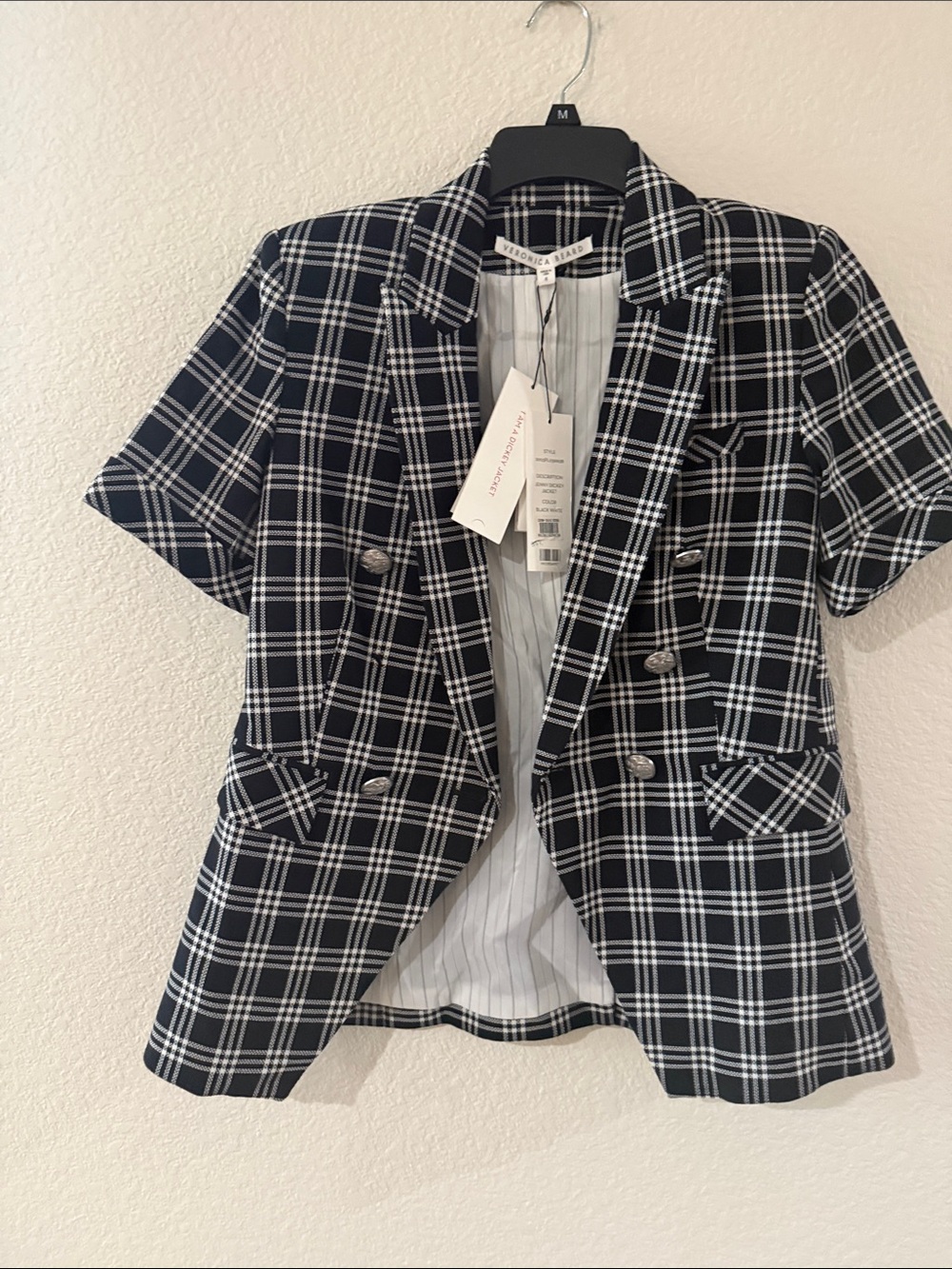 Veronica Beard Navy and White Plaid Short-Sleeve Blazer